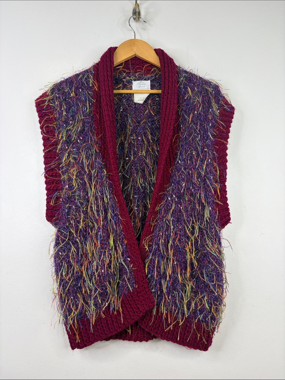 Vintage Sweater Womens Small Purple Red Yellow Sleeveless Cardigan Shaggy Yarn
